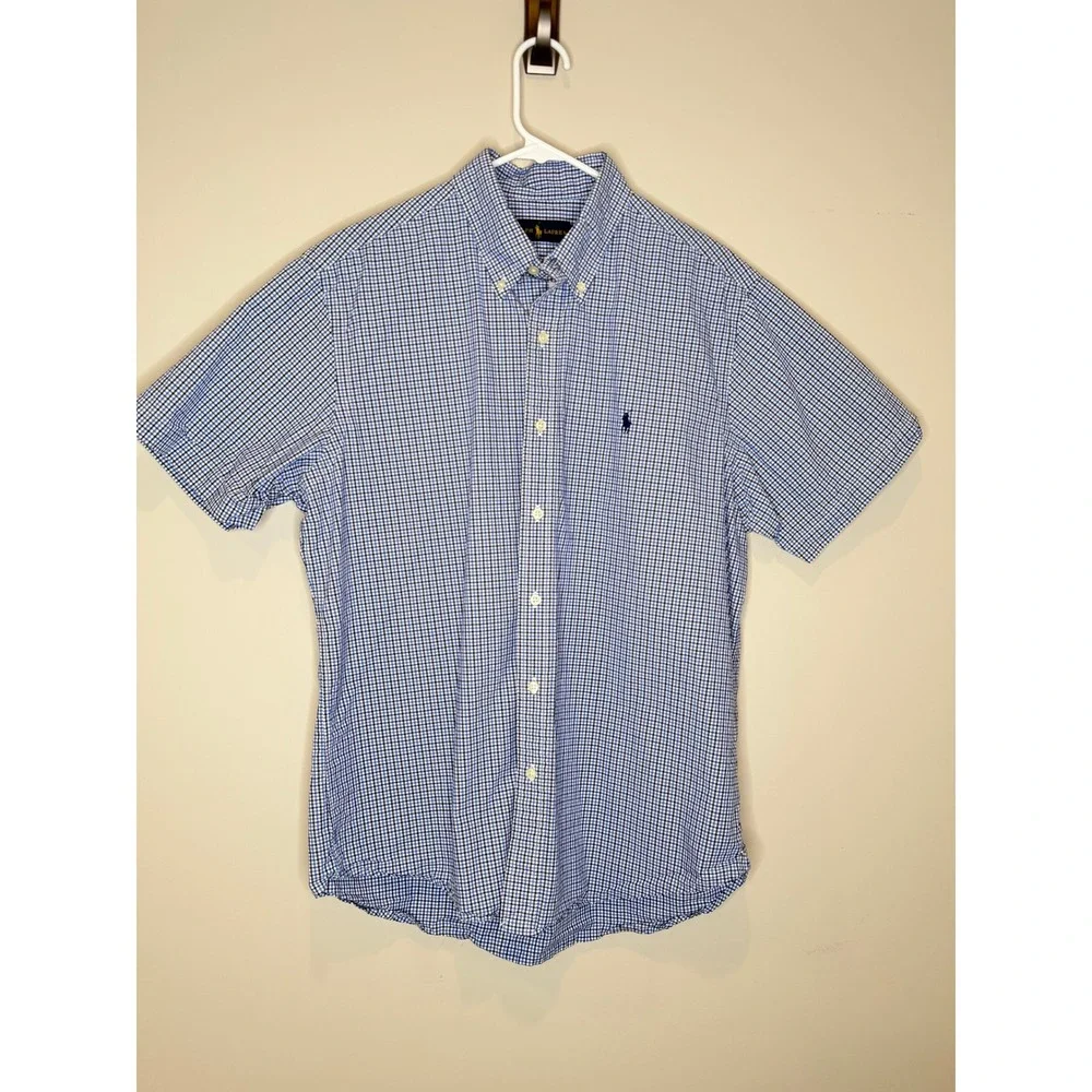 Polo Ralph Lauren Blue Gingham Button Down Shirt Men's Short Sleeve Pony Cotton